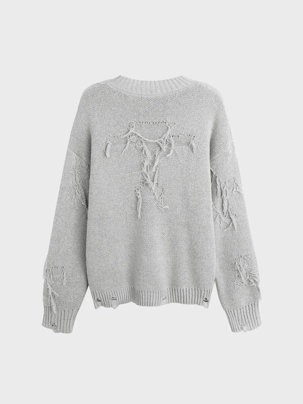 【Final Sale】Knitted Raw Edge Crew Neck Cross Long Sleeve Sweater