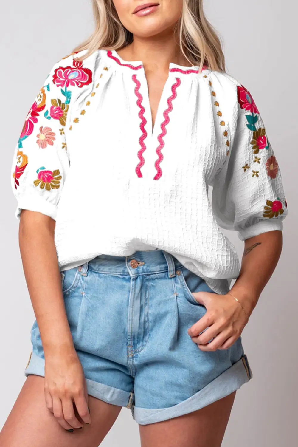 Softly Styled Floral Embroidered Textured Blouse