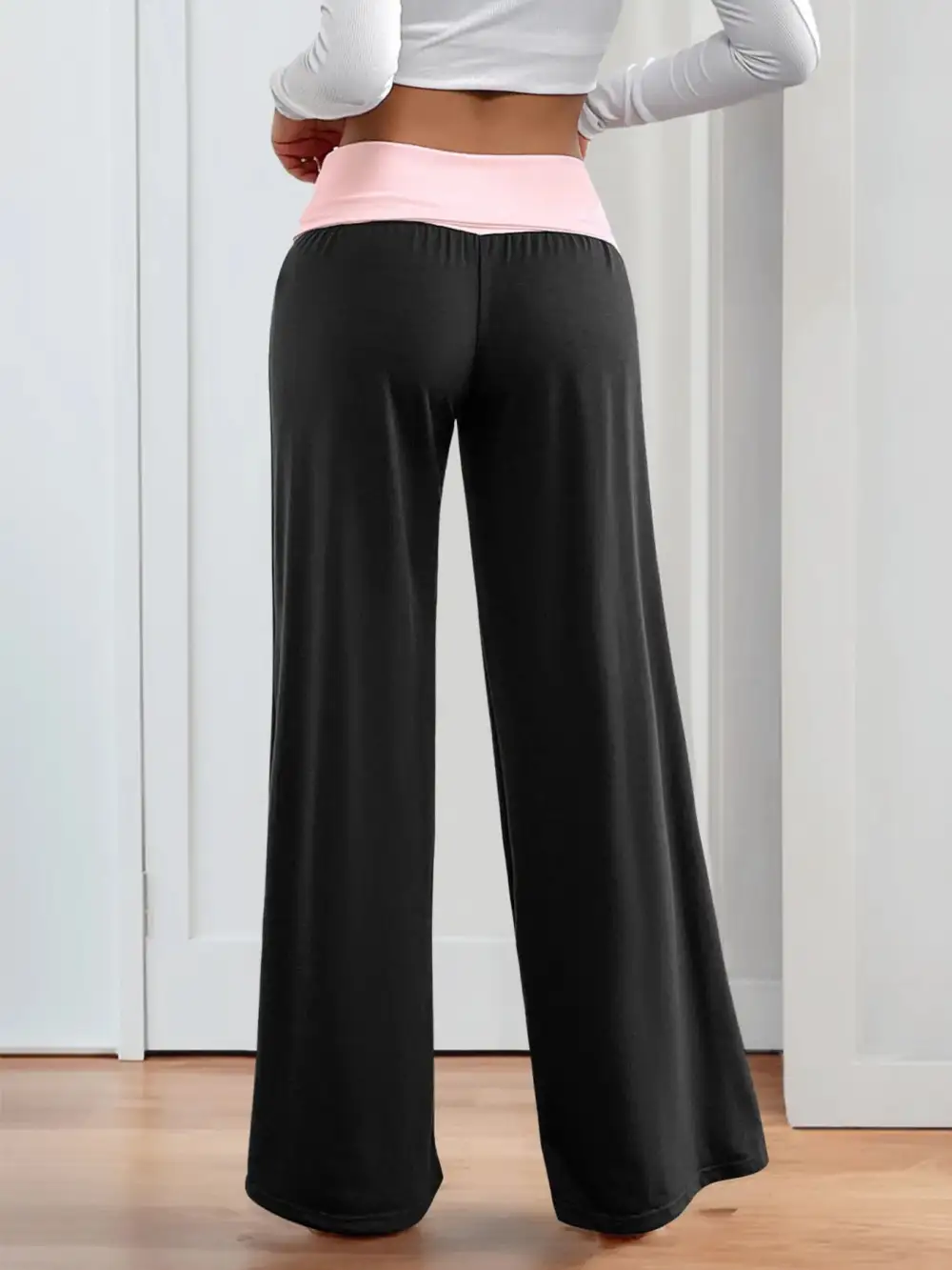 Contrast Waistband Wide Leg Pants