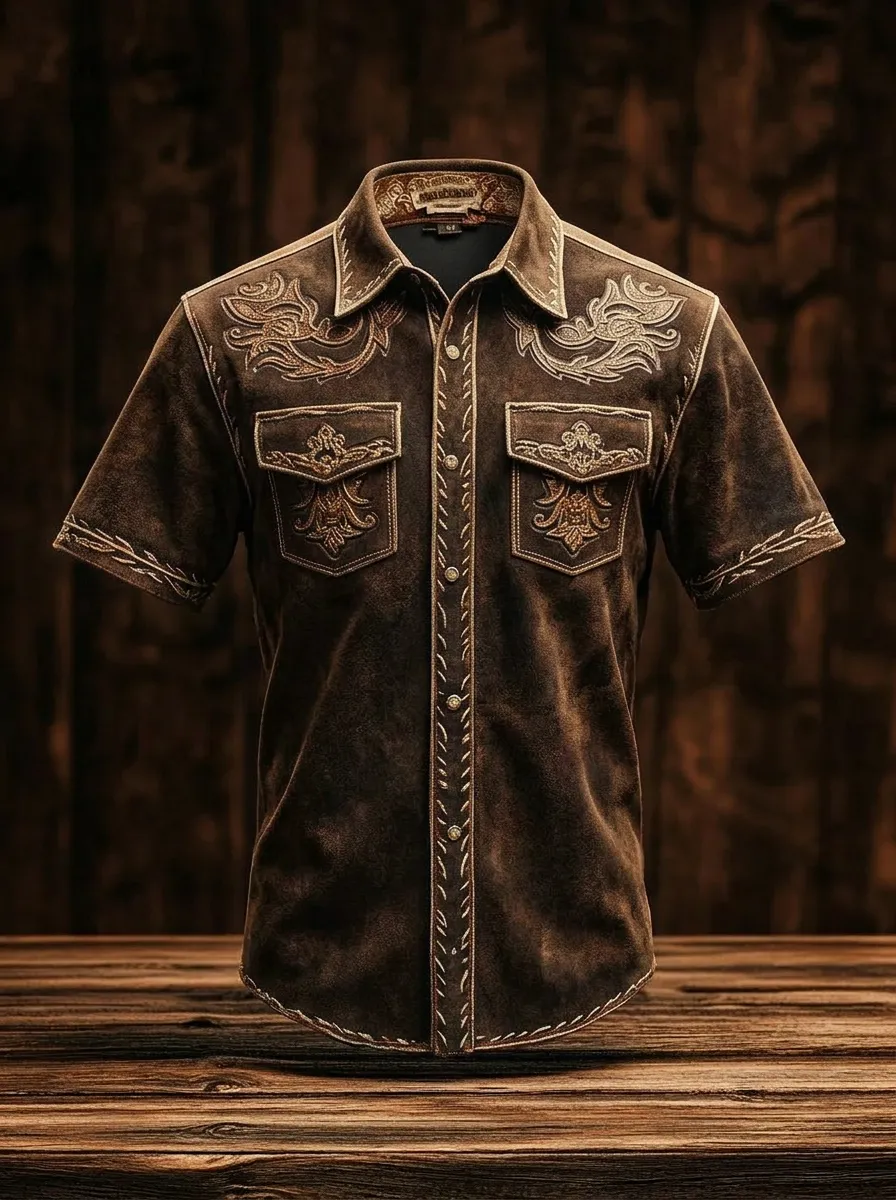 Men's Western Cowboy Floral Embroidery Printed Shirt-3