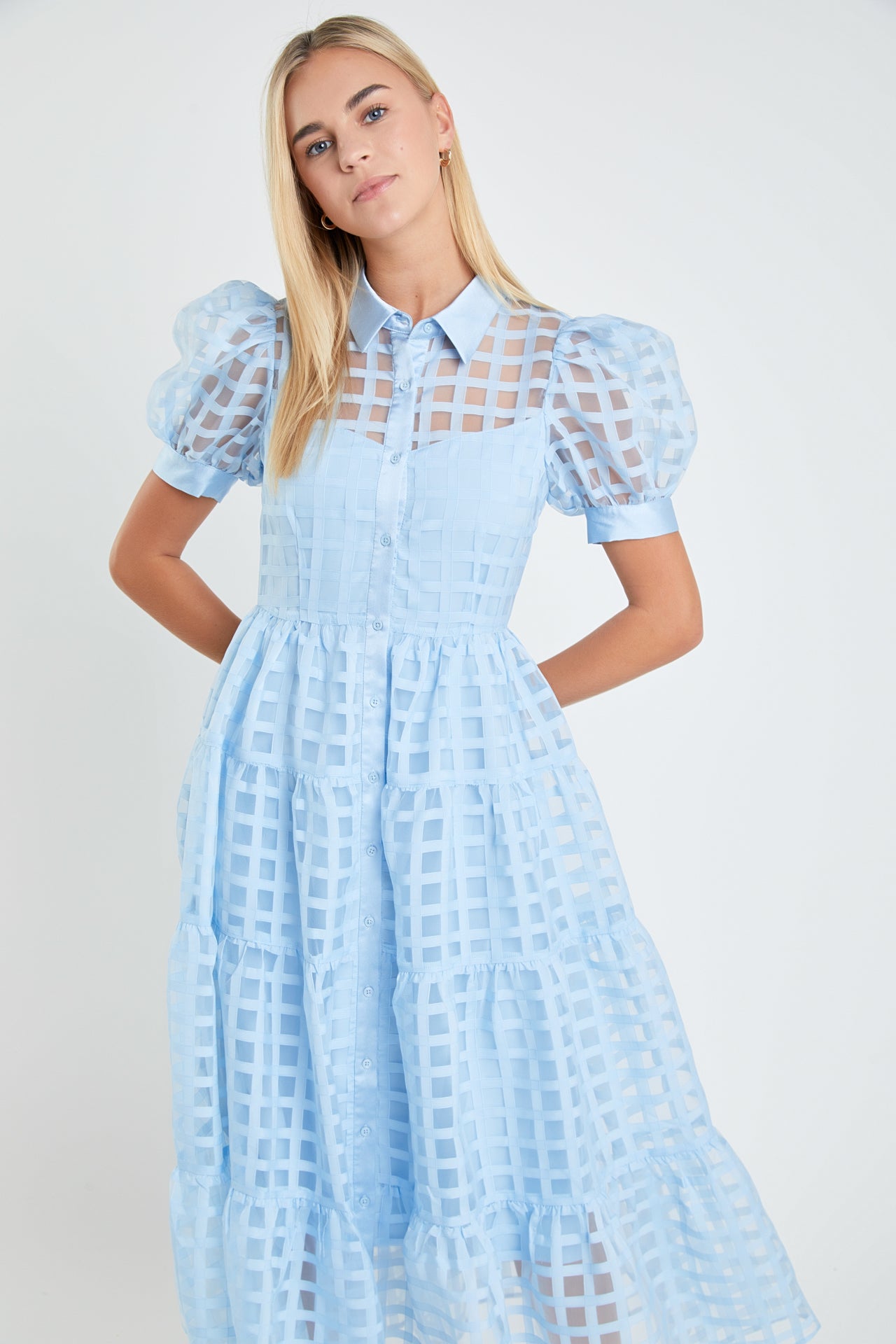 Gridded Organza Tiered Maxi Dress