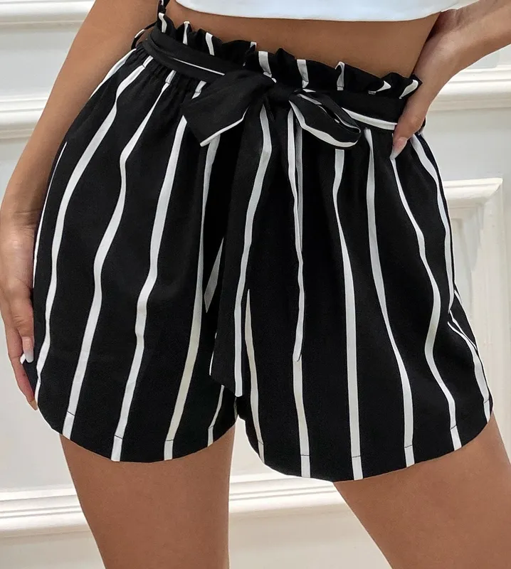 Women's Striped Belted Paperbag Waist Regular Fit Shorts