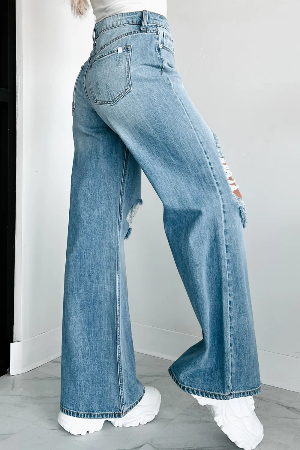 High Rise Distressed Wide Leg Sneak Peek Jeans
