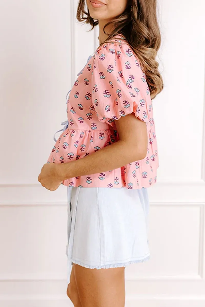Round Neck Tie Fashion Women's Puff Sleeve Top