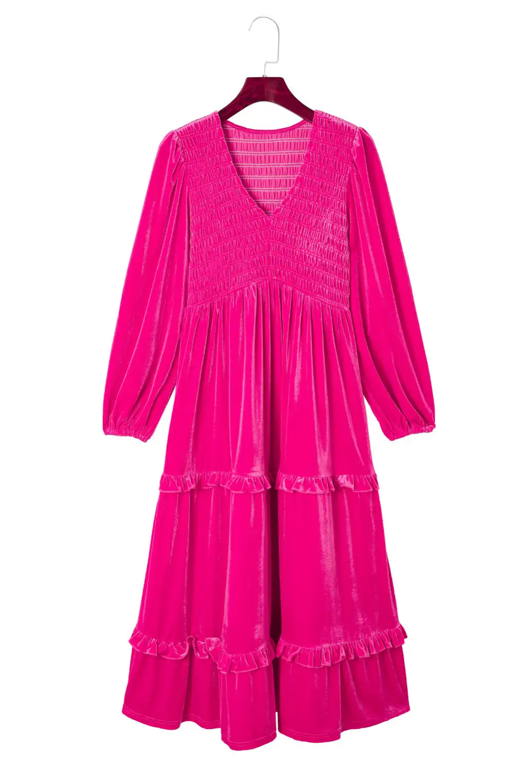 Rose Red Shirred V-Neck Long Sleeve Velvet Dress