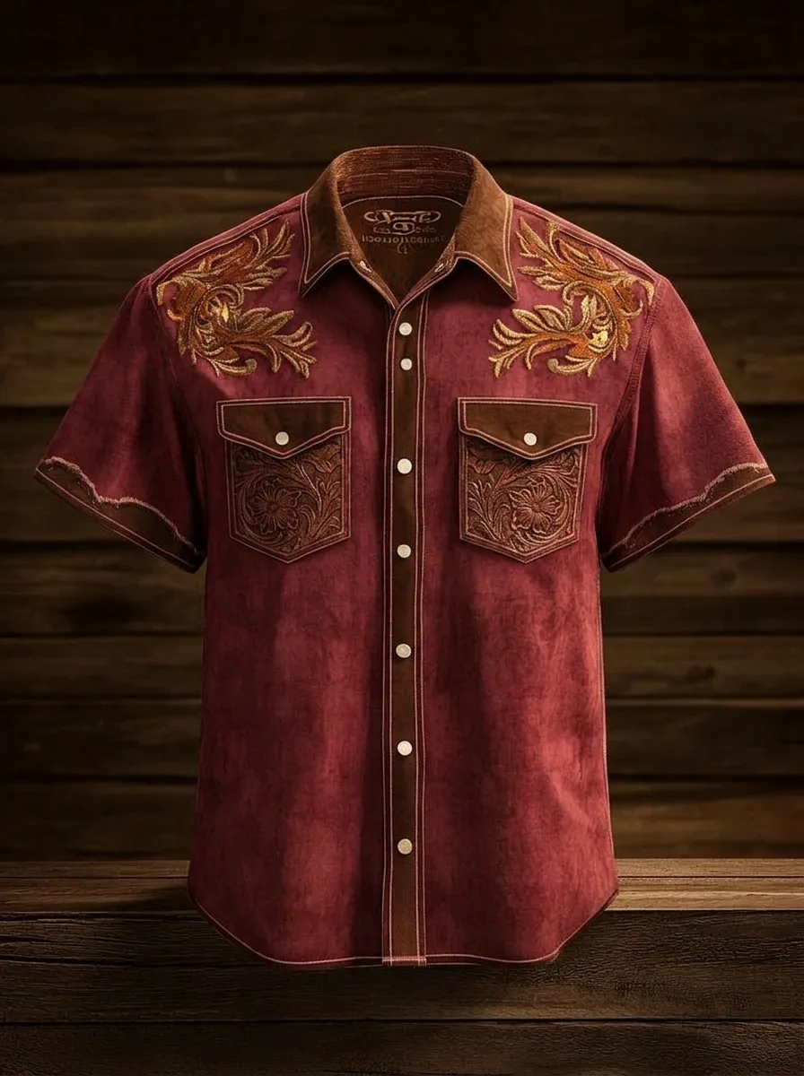 Men's Western Cowboy Floral Embroidery Printed Shirt-2