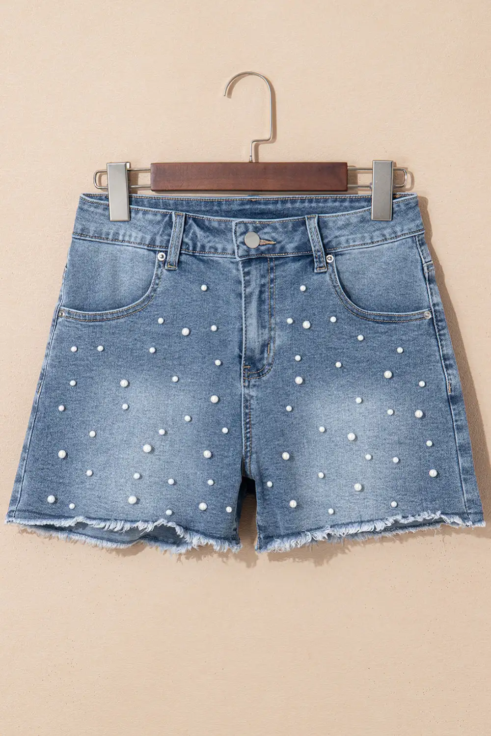 Pearl Beaded Raw Hem Medium Wash Denim Shorts