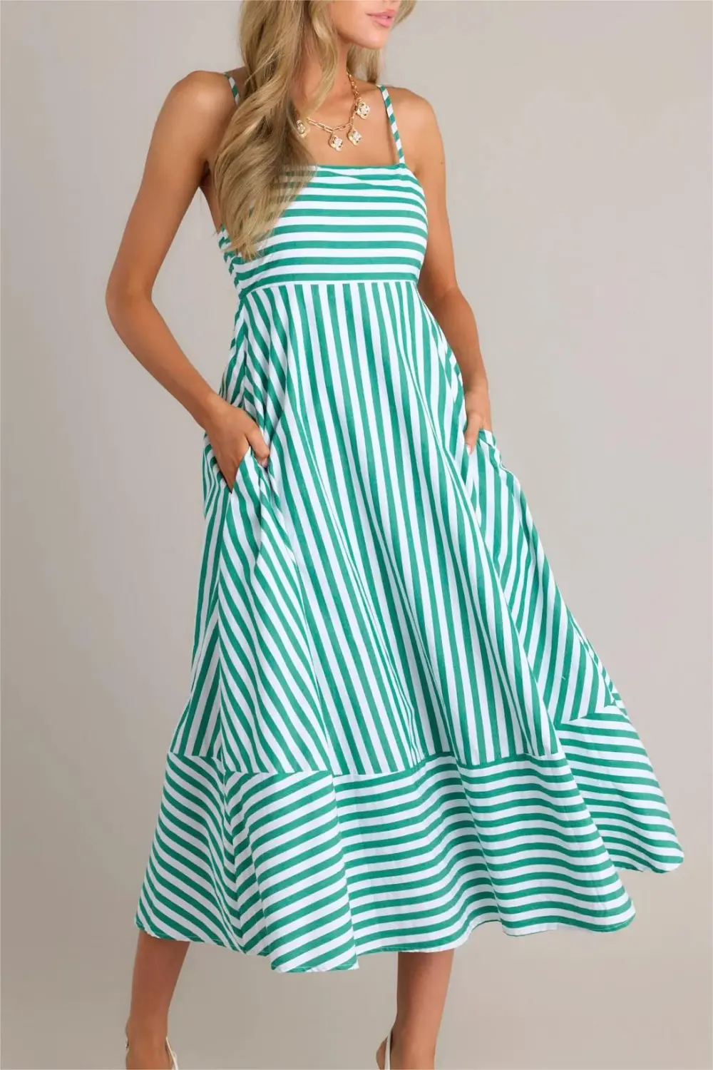 SERENE STUNNER 100% COTTON GREEN STRIPE MIDI DRESS