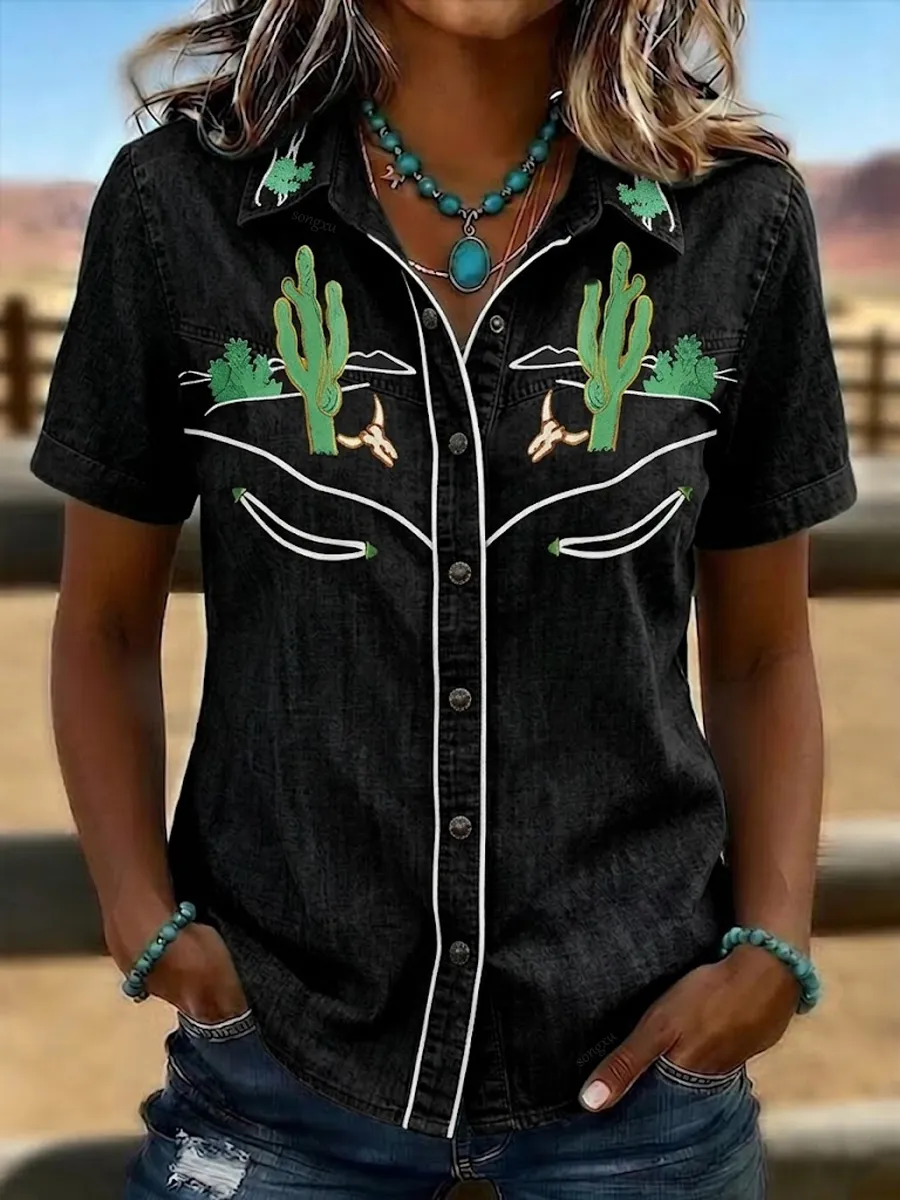 Women'S Retro Western-Style Print Short-Sleeved Shirt