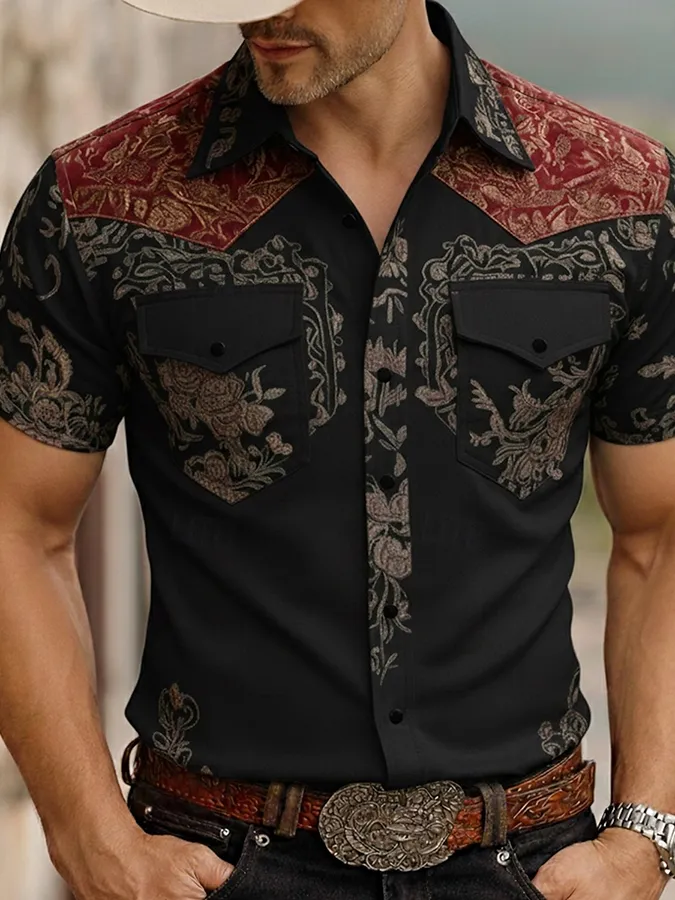 Men's Western Floral Jacquard Short Sleeve Shirt