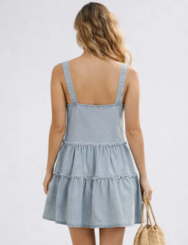 Lace Panel Two Strap Pocket Sleeveless Denim Dress