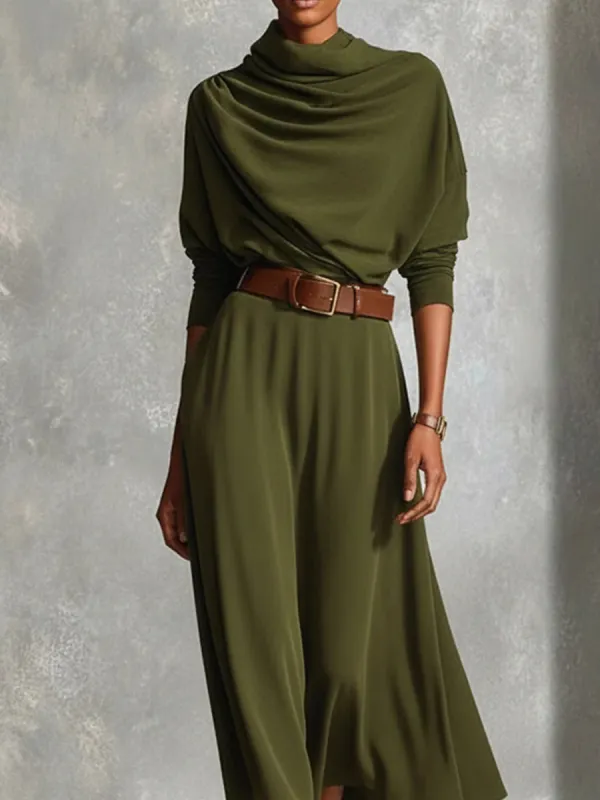 Elegant Draped Neck Knit Midi Dress