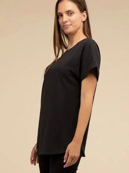 Sweet Basics Rolled Sleeve Boat Neck Top