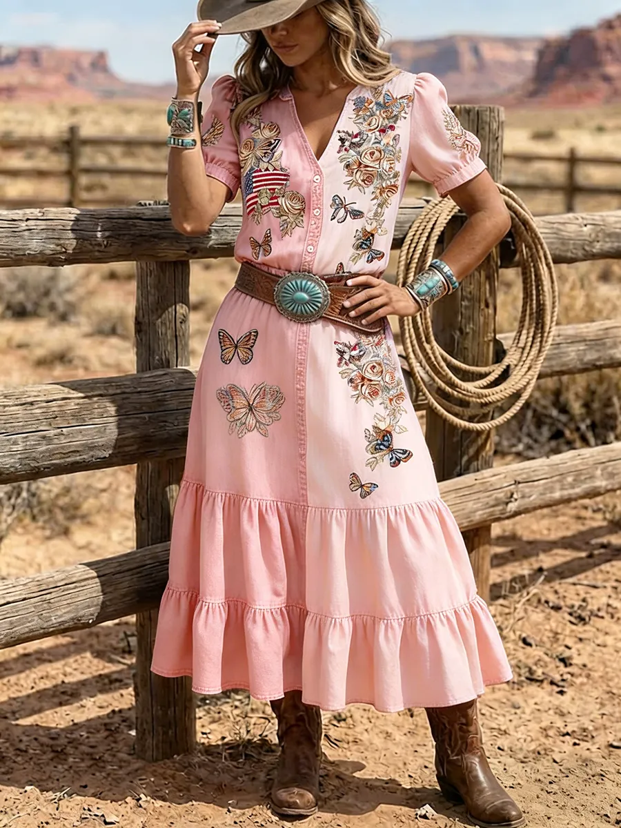 Women's Western Butterfly Embroidered Patchwork Denim Maxi Dress
