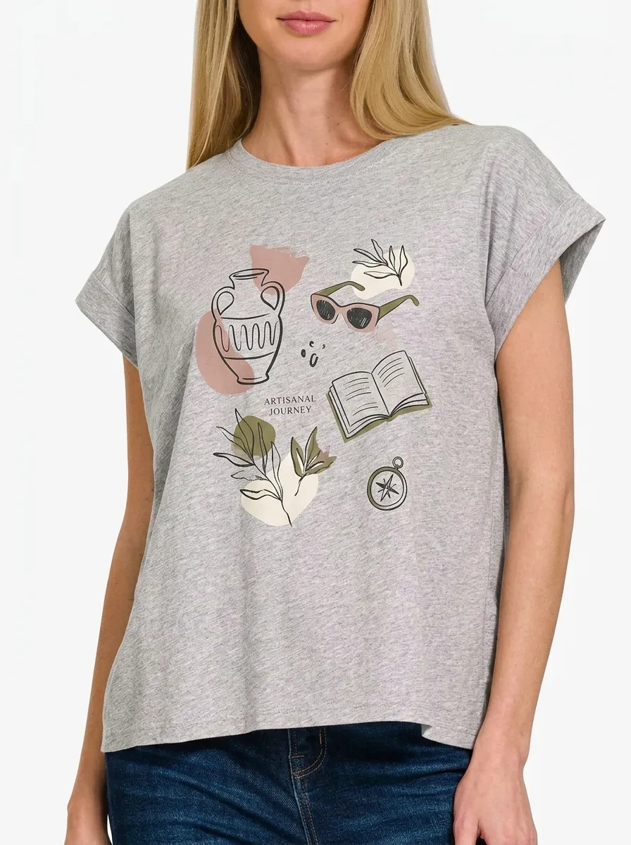 Women's Travel Lover Vase Book Compass Printed T-shirt