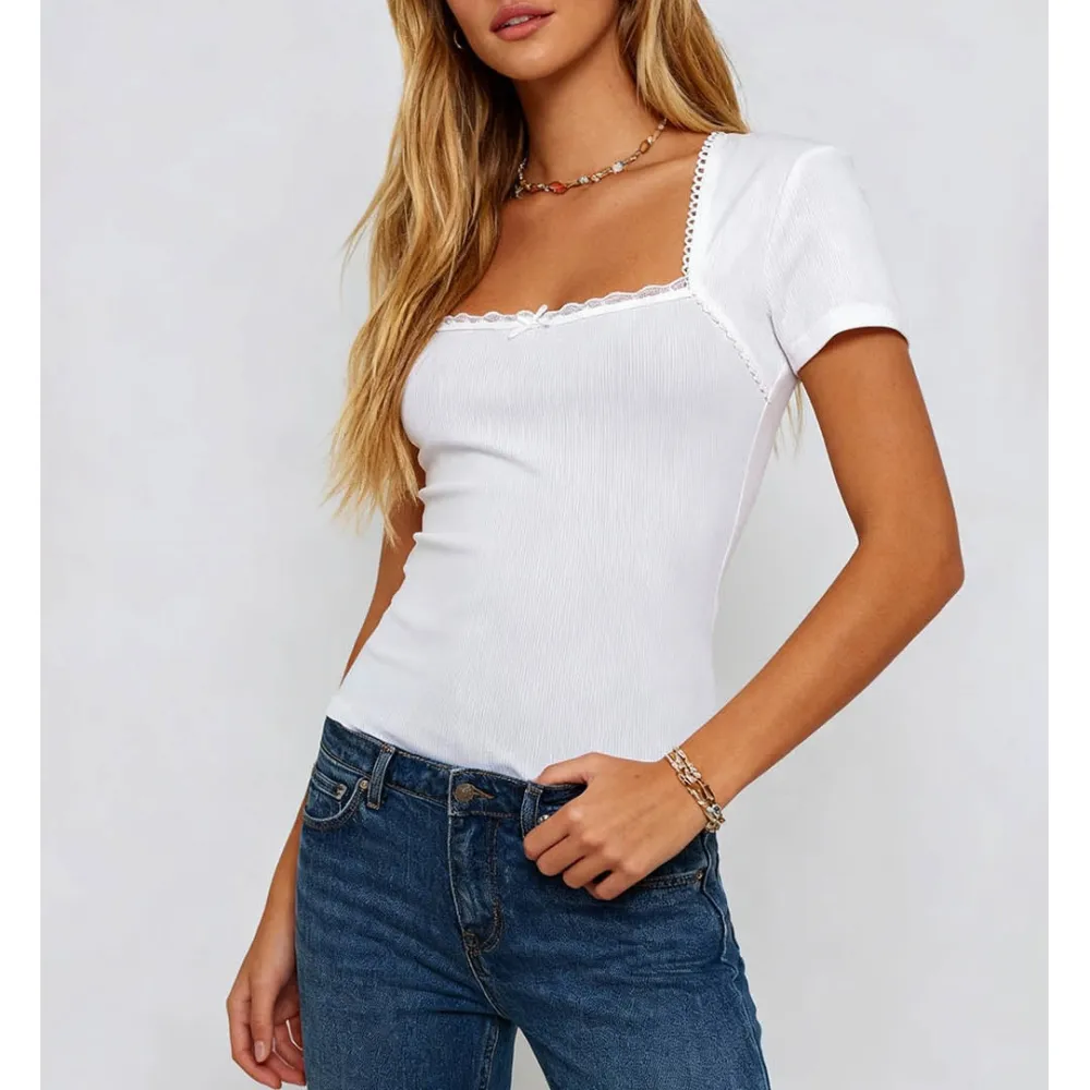 Chic Square Neck Lace Trim Short Sleeves Top