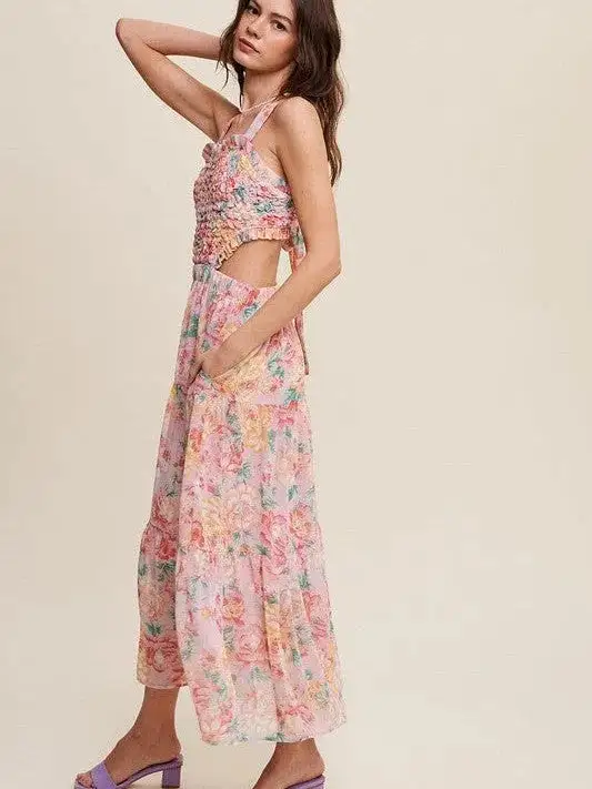 Romance is in the Air Textured Pink Floral Cutout Midi Dress