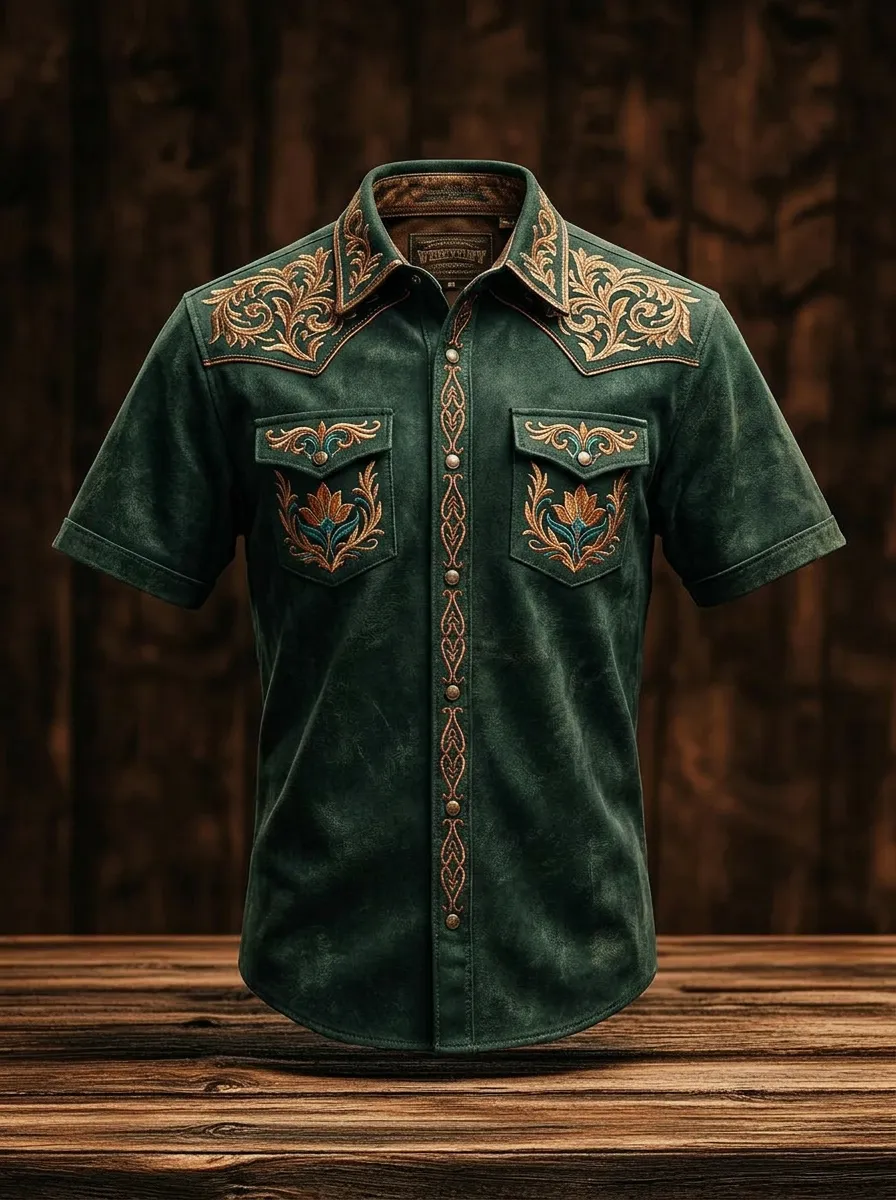 Men's Western Cowboy Floral Embroidery Printed Shirt