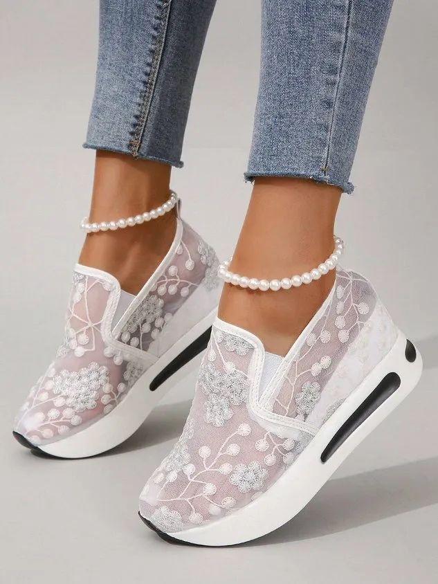 Floral Embroidery Breathable Sheer Mesh Sneakers