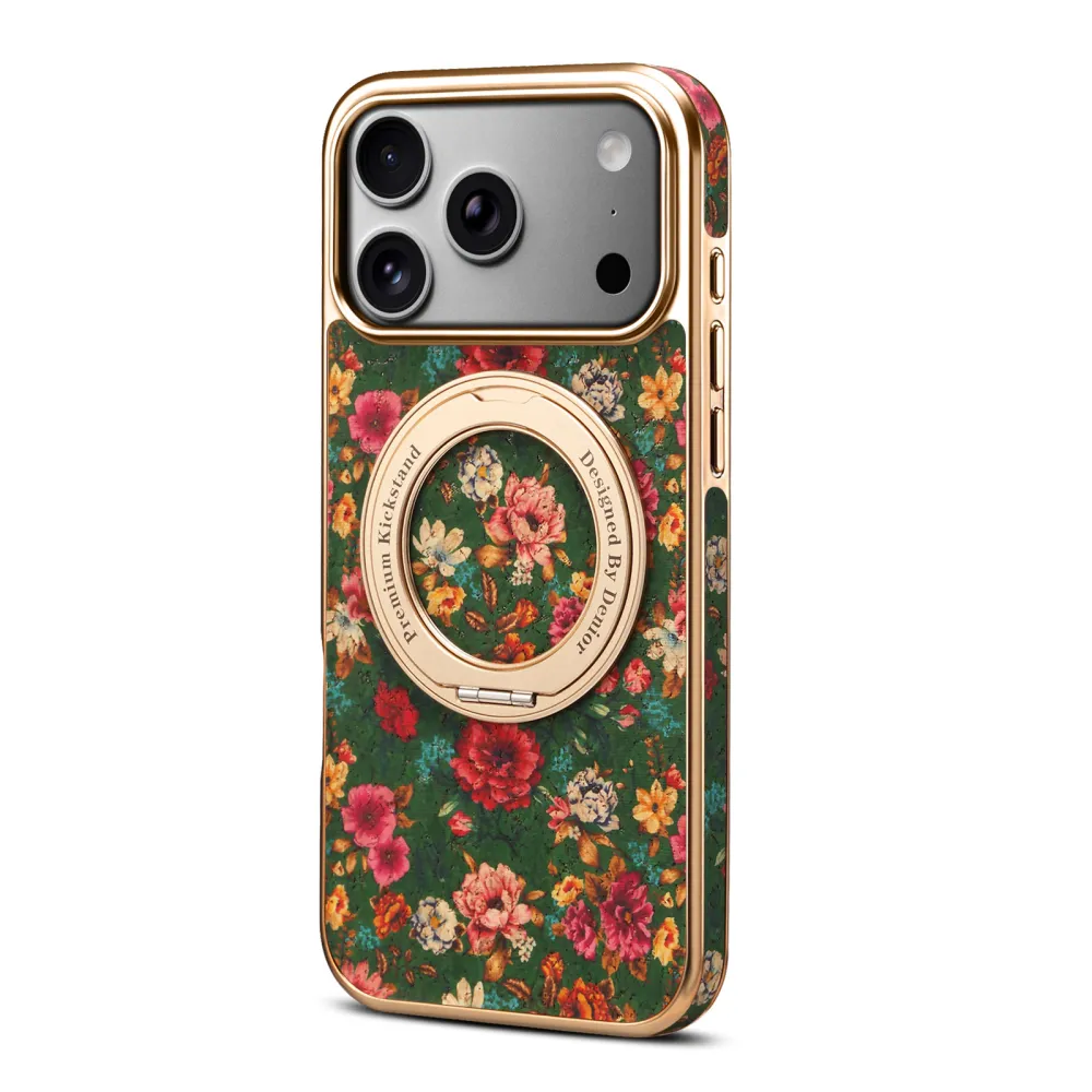 Denior Apple 18 Pro Floral Gear Air Phone Case iPhone 17 Pro Max Stand Leather Cover Anti-Fingerprint