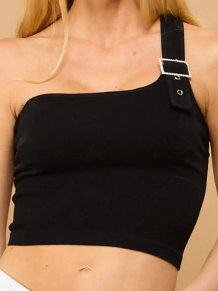 Rhinestone Buckle Asymmetric Shoulder Top