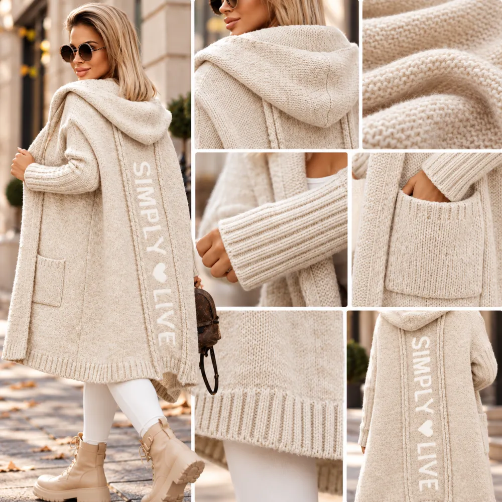 New Long Cardigan Sweater Lapel Hooded Letter Pattern Loose Knit Coat