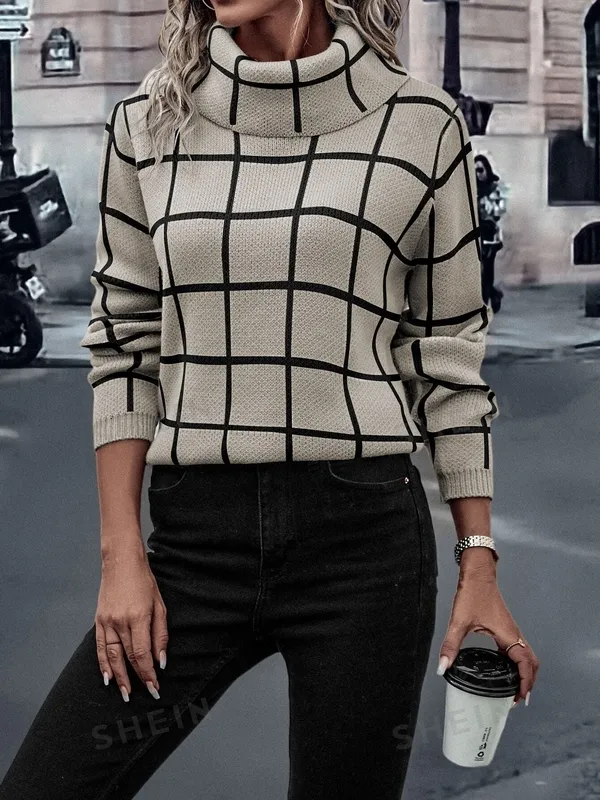 Women's Plaid High-Neck Long-Sleeve Knit Sweater