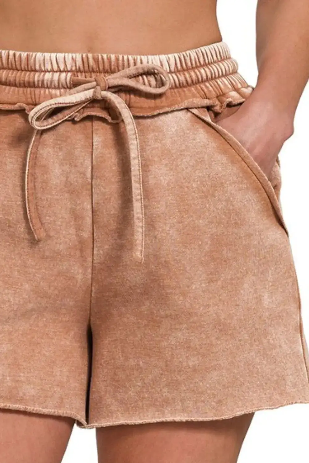 Polished Acid Wash Fleece Drawstring Shorts with Pockets