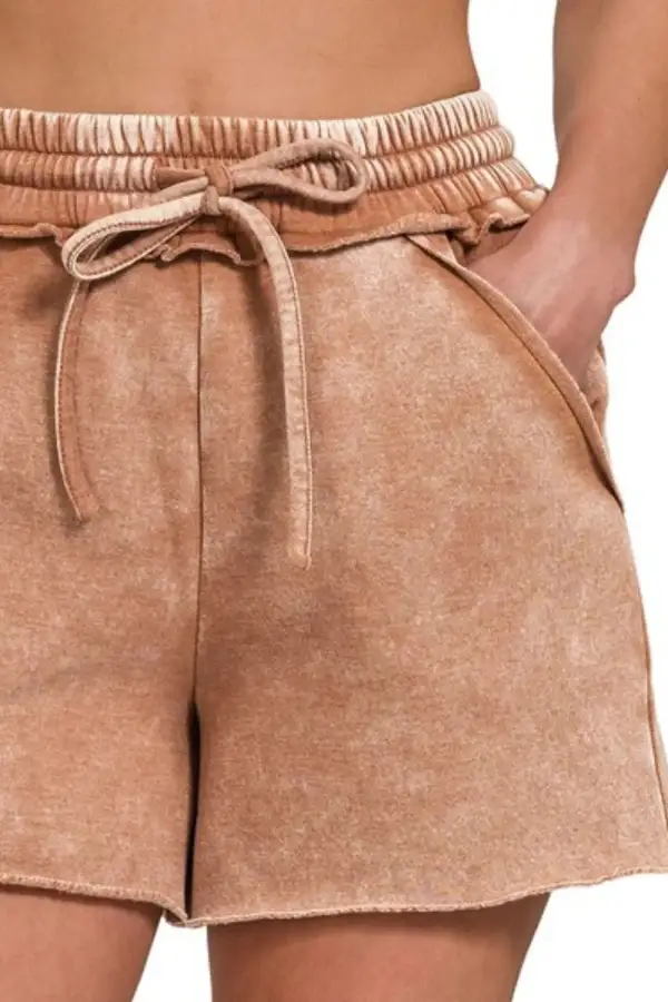 Polished Acid Wash Fleece Drawstring Shorts with Pockets