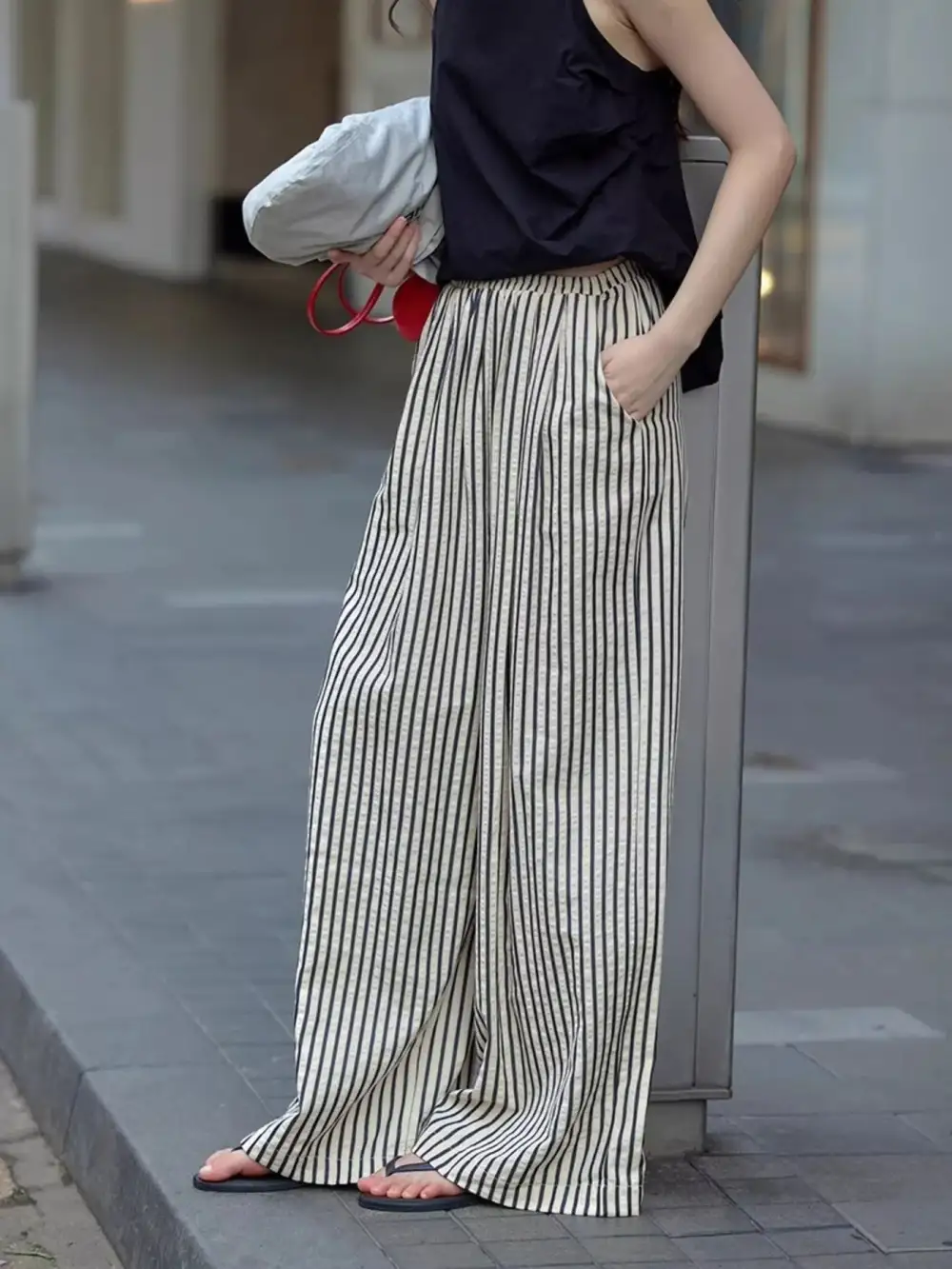 Full Size Striped Drawstring Waist Wide Leg Pants