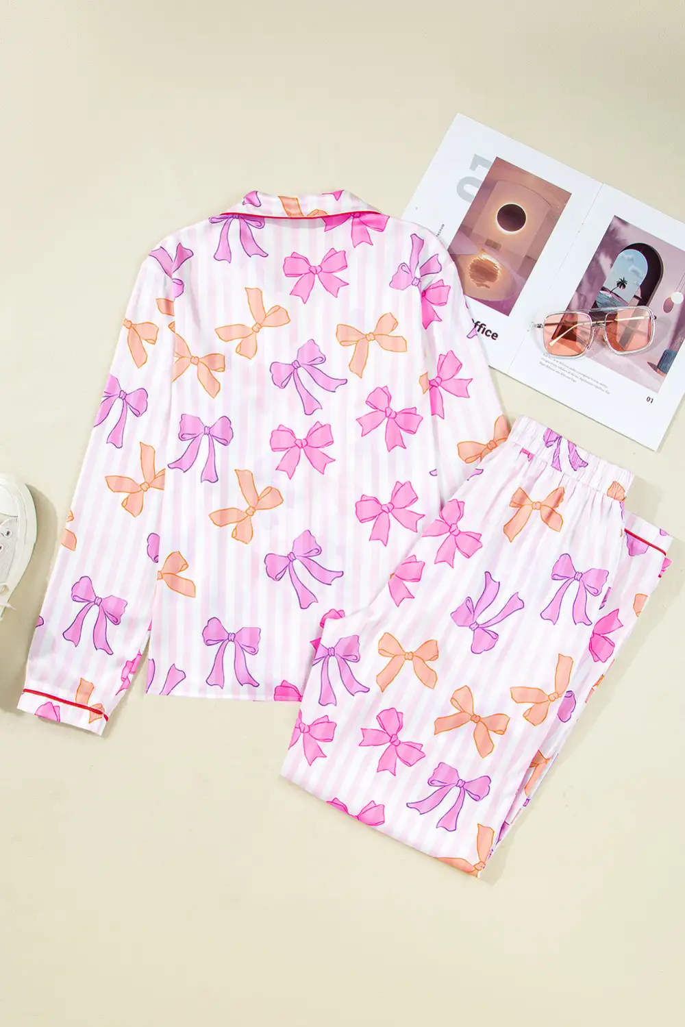 Bow Print Striped Trim Long Pajama Set