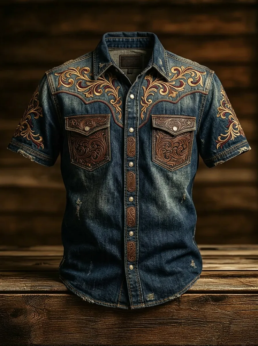 Men's Western Cowboy Floral Tooled Leather Printed Denim Shirt