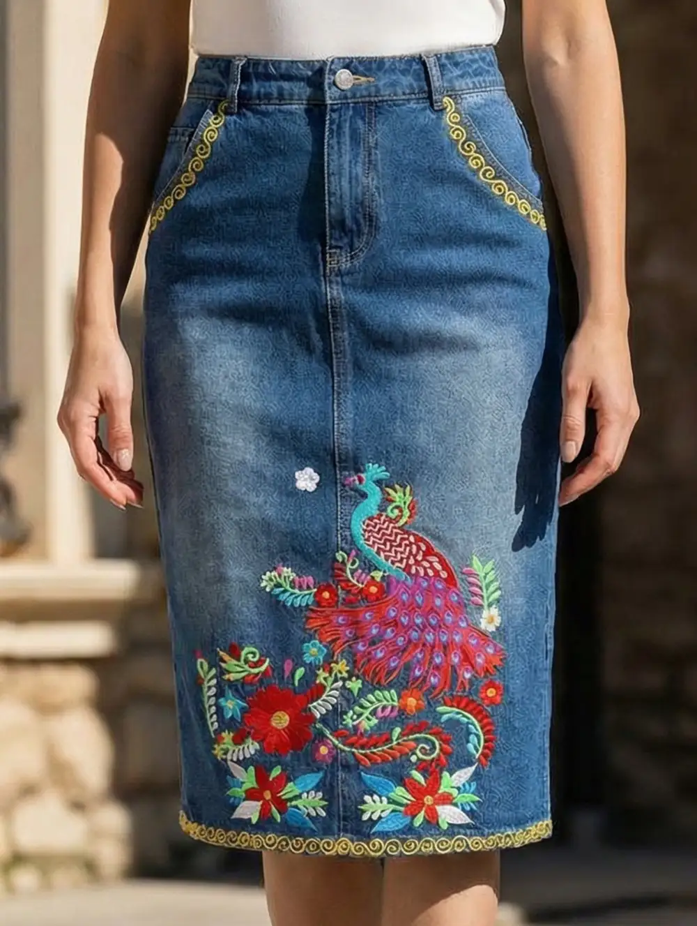 Denim Embroidered Midi Skirt