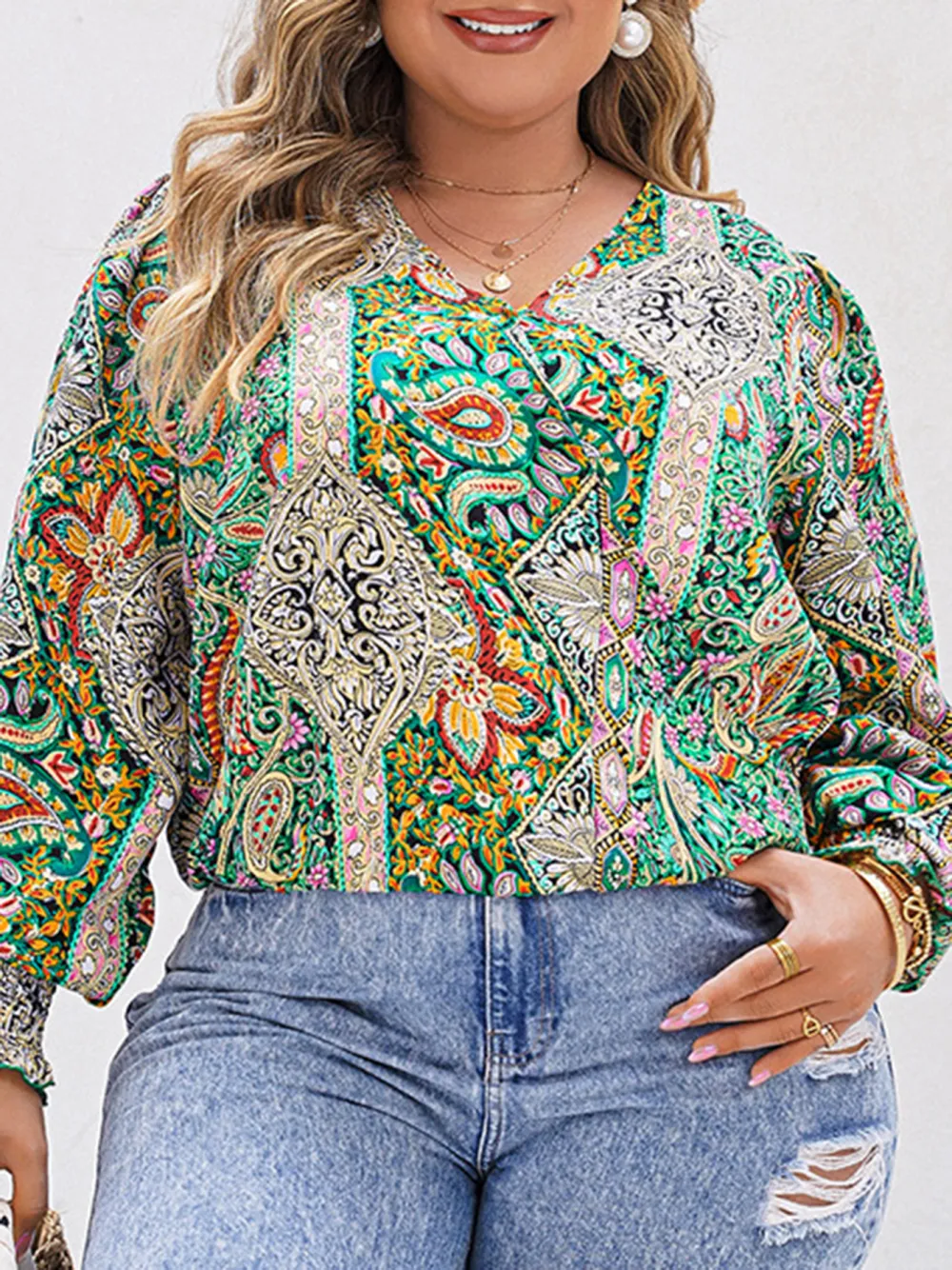 V Neck Long Sleeved Top With Bohemian Print