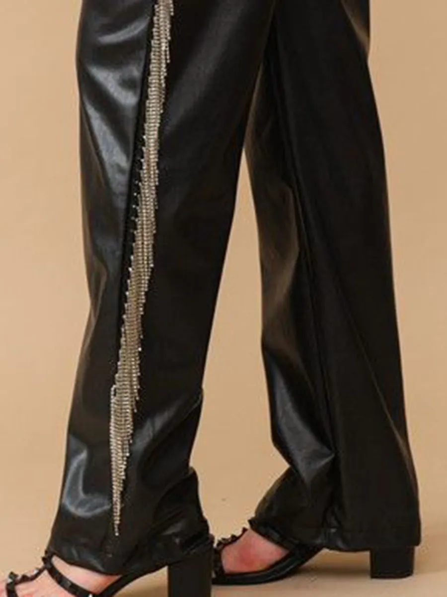 Rhinestone Fringe Leather Pants