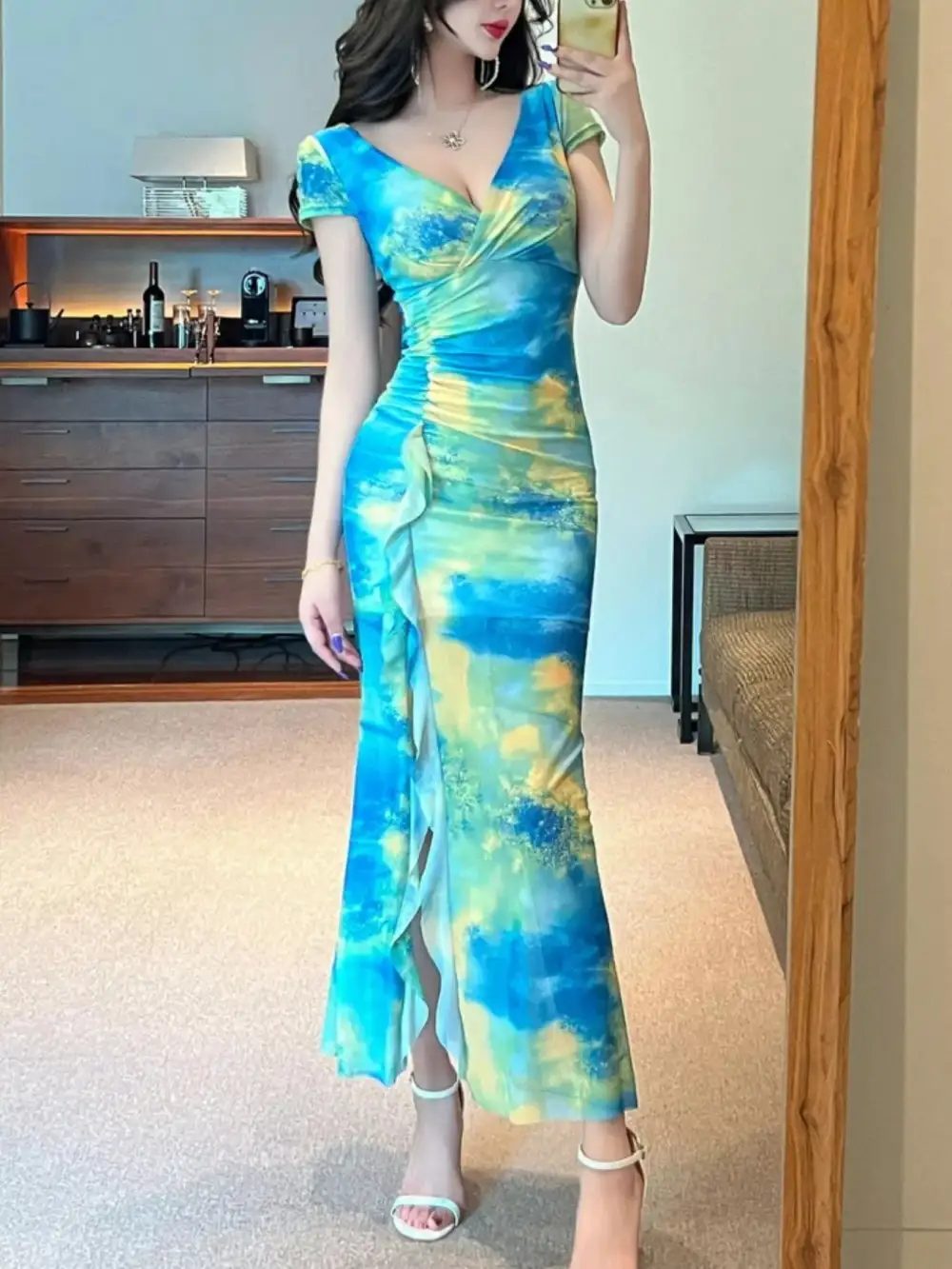 Tie Dye Surplice Ruffle Slit Dress