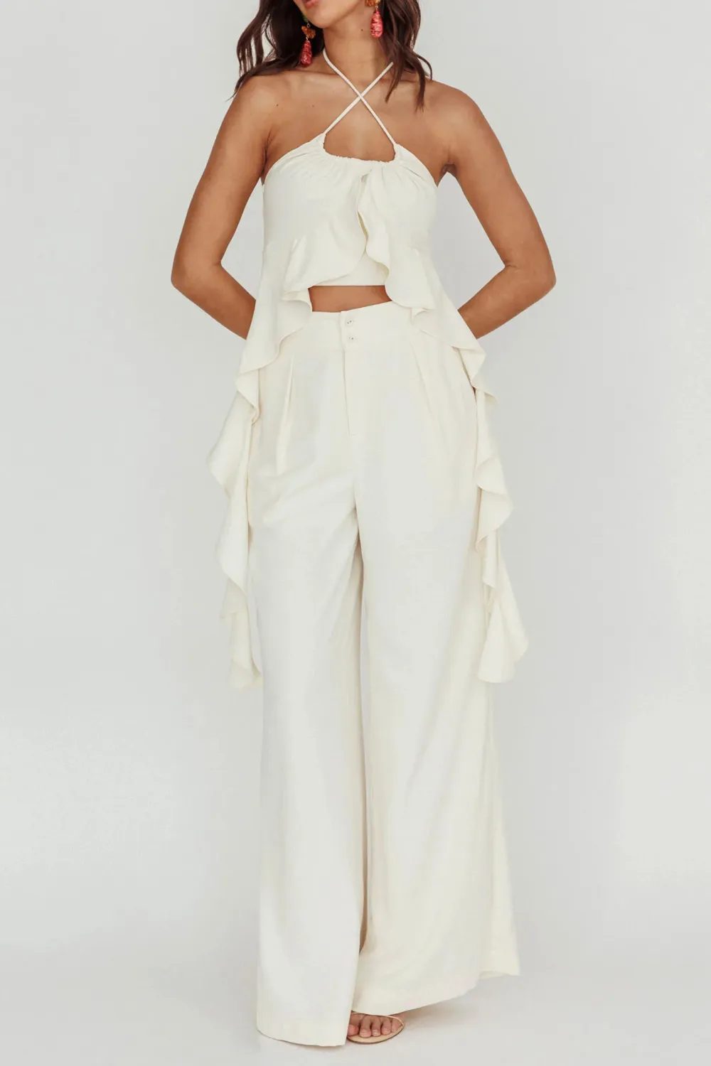 Slim-Fit Solid Color Wide-Leg Pants