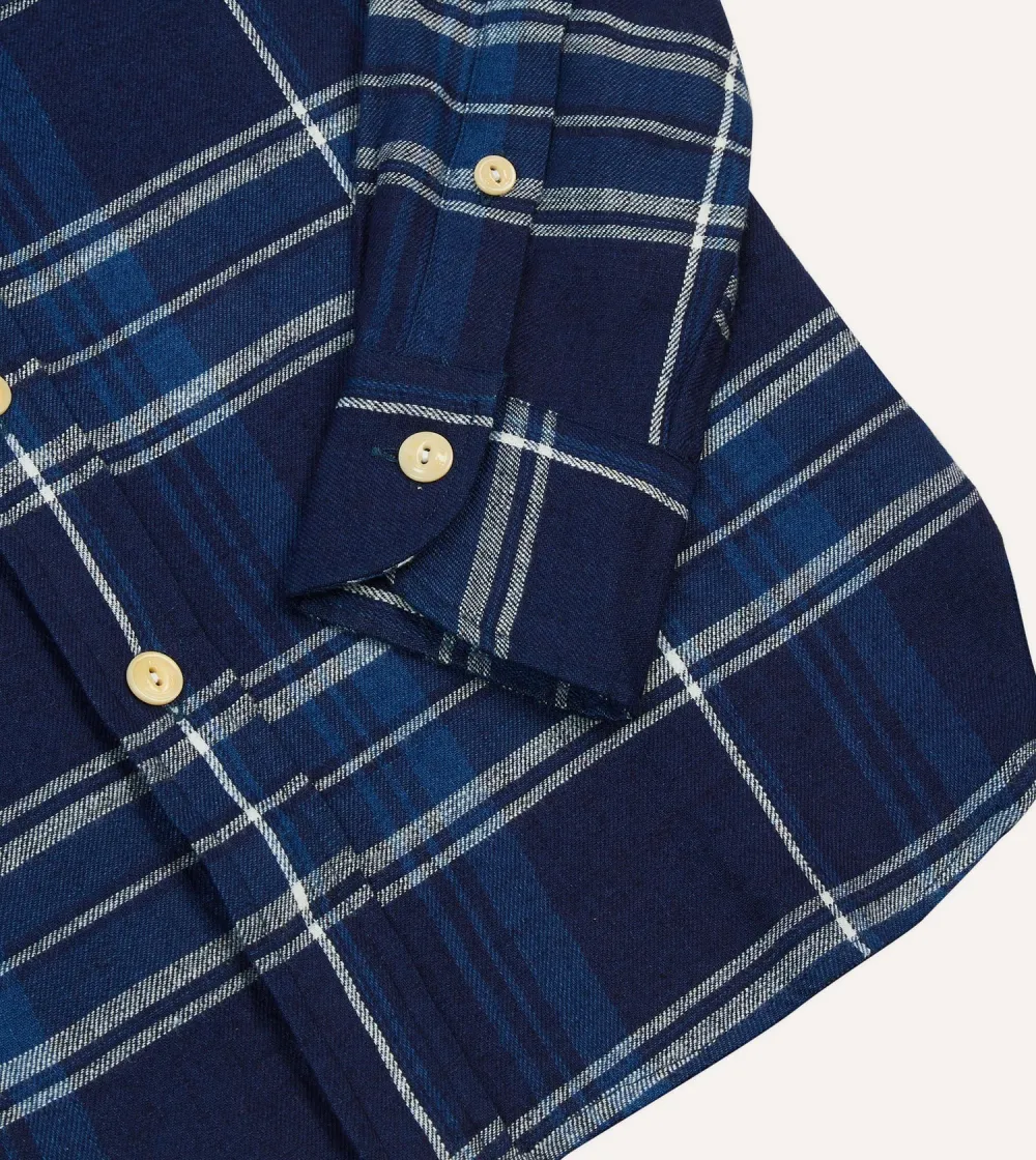 Blue Check Cotton Long Point Collar Work Shirt Casual Style