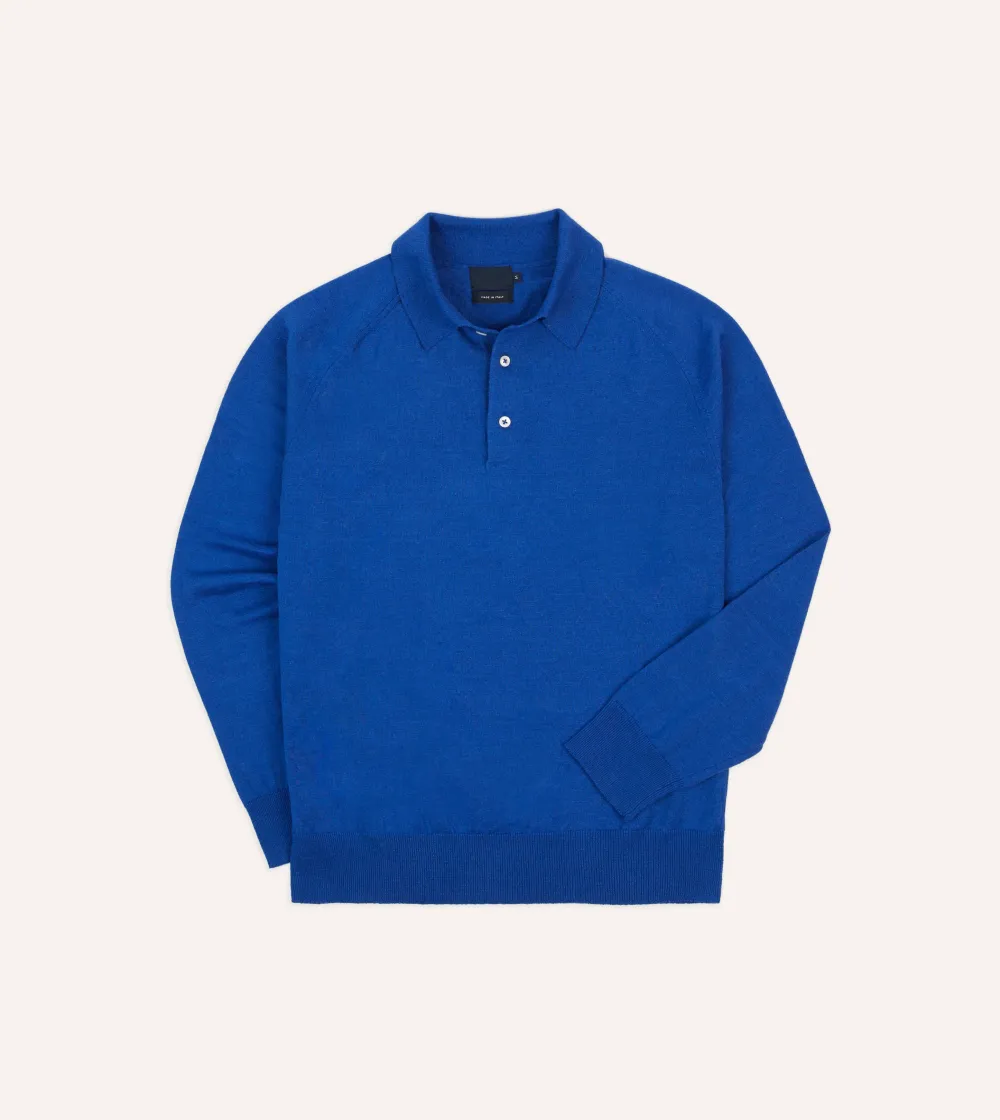 Blue Linen-Cotton Knitted Long-Sleeve Polo Shirt Elegant Essential