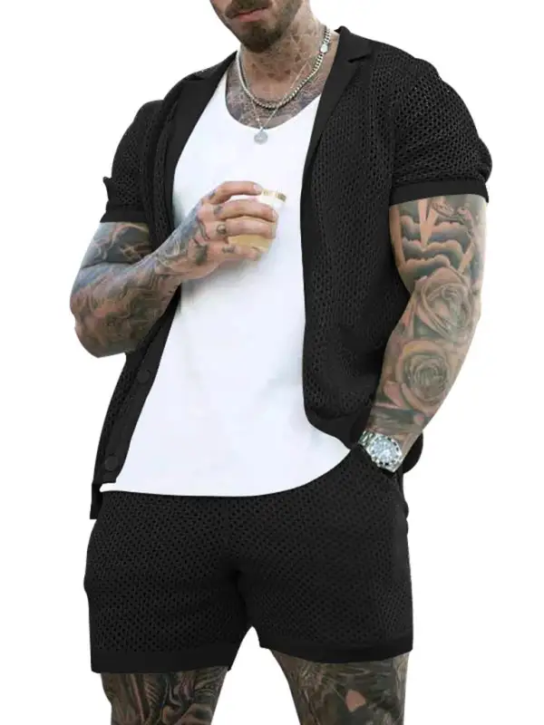 Knit Lapel Collar Short Sleeve Shorts