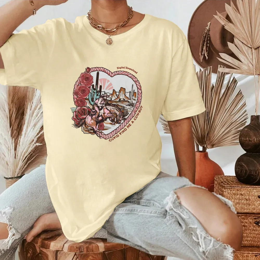 With A Desert And Sunrise Scene In The Background, Western Cowboy Style Casual T-Shirt