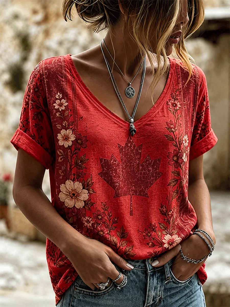 Women's Canada Flag Maple Leaf Printed V-Neck Short Sleeve Top