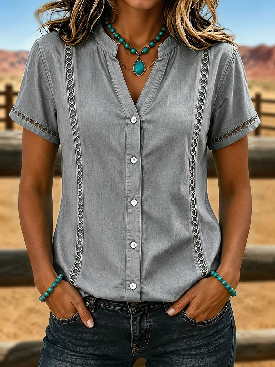 Women's Retro Hollow Out Lace Trim Button Down Western Denim Blouse