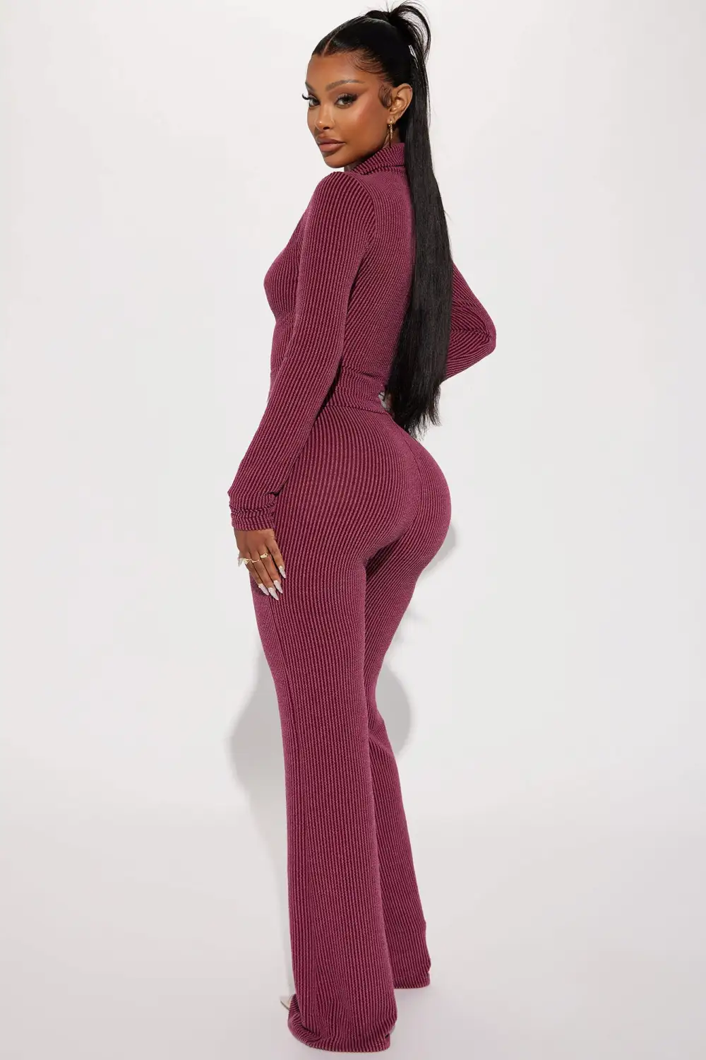 Josie Ribbed Long Sleeve Set - Burgundy