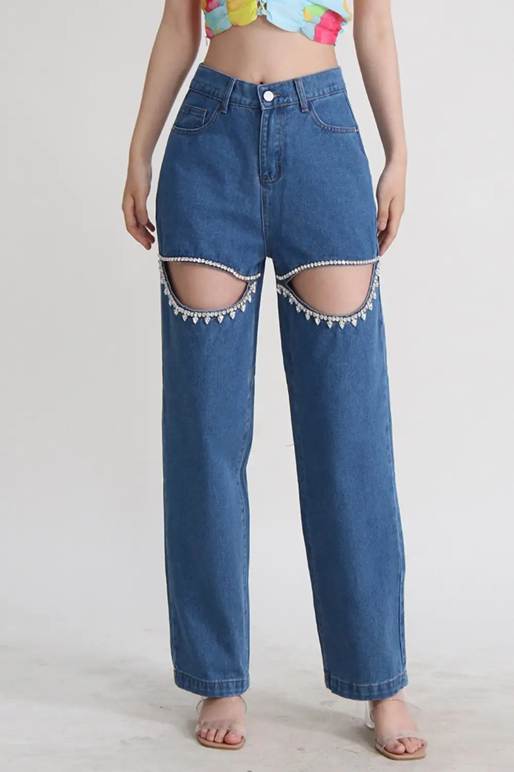 Beaded Cutout Straight Jeans
