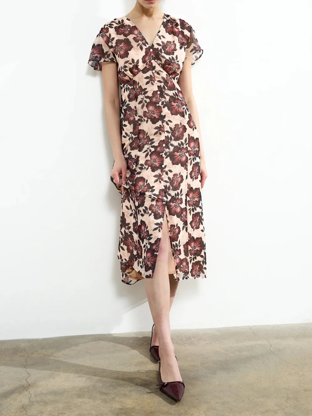Fashion High Waist Floral V-Neck Short Sleeve Long Dress