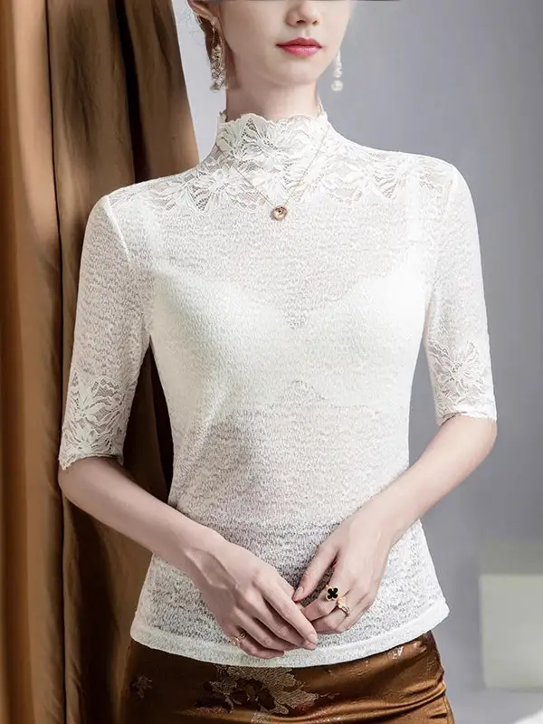 Layered Look Half Sleeve Slightly Sheer Panel Detail Textured High Neck T-Shirt