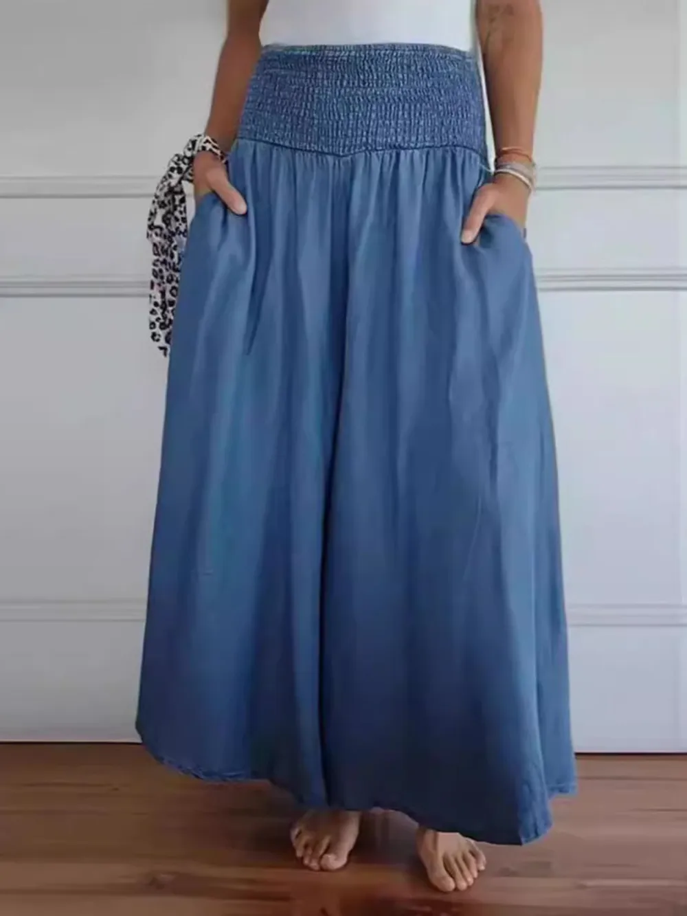 Full Size Smocked Wide Leg Pants With Pockets