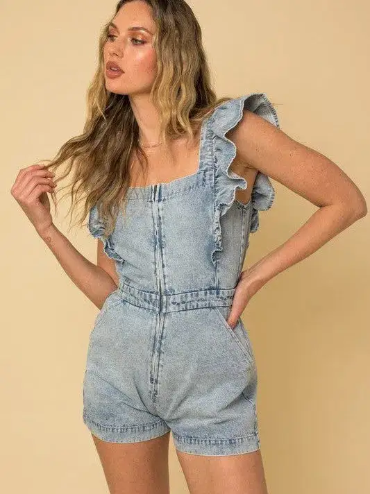 Off the Charts Cuteness Ruffle Denim Romper