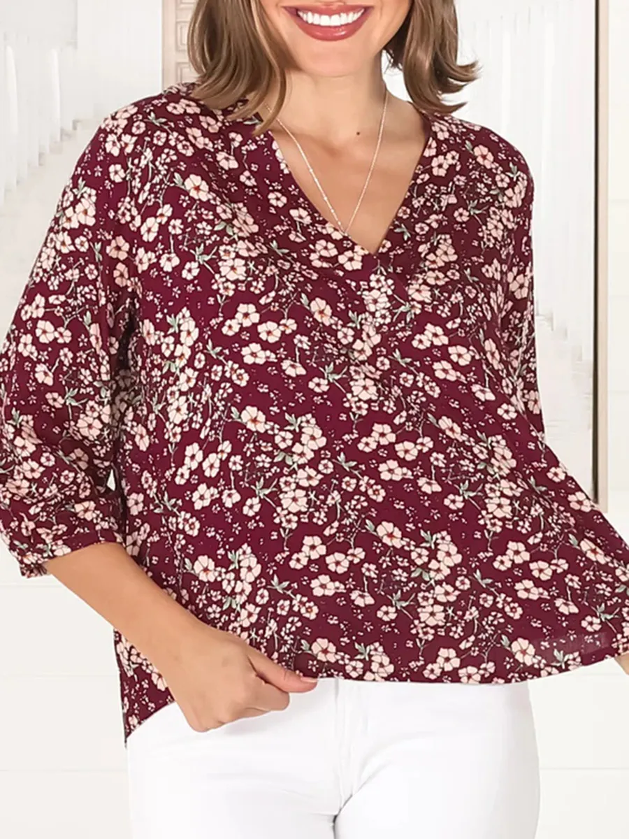 Burgundy short sleeve Bohemian floral shirt